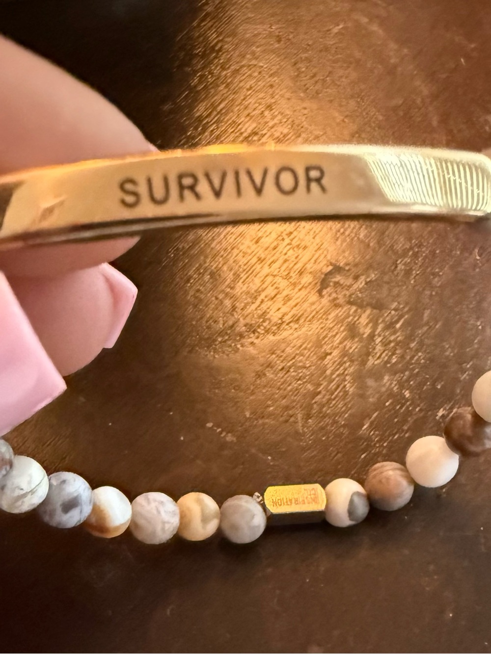 SURVIVOR Gold Cuff and Neutral Bead Bracelet Set